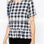 2016 Top fashion short sleeve printed plaid blouse