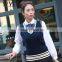 New Arrival girl white stripe v-neck high school uniform knit vest sweater