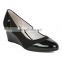 Ladies wedges women sandals black color pointed toe and patent look ankle wrap shoes