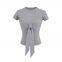 2025 spring and summer full shoulder short-sleeved round-neck T-shirt women's chest bow design sense slim knitted tie top