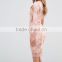 European vintage long sleeve pink lace hollow out floral appliqued dress for lady