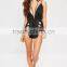 Black Satin Embroidered Teddy Split Hem Women Nightwear Sexy Strap Pyjama Set Halter Back Sleepwear