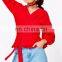New Design Long Bell Sleeve Wrap Over Lady Top in Red