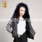 Wholesale Lace Varsity Ladies Satin Bomber Black Jackets with Raccoon Fur Collar