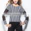 2017 latest fashion women's tee shirt Korean slim vertical stripes stitching female blouse shirt with mesh long sleeve