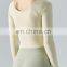 Hot Selling Cross Ruffles Long Sleeve Yoga Top Slim Fit Built In Bra Sports Gym Shirt Ladies Fitness Active Wear T Shirt