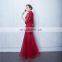 Modern New Design High Neck 1/2 Sleeve Red Beaded Sheath Bow Elegant Buttons Lace Beaded Evening Dress