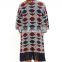 drop shoulder 3/4 sleeves geo-patterned knitted long cardigan 2015 women with tasseled hem
