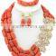 3Rows Column Coral Beads with Rhinestone Flowers African Jewelry Set