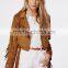 2015 Women Winter Brown Short Fringe Faux Suede Biker Jacket