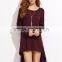 Burgundy Dip Hem Tee Dress With Long Sleeve Polyester Spandex Casual Plain Boat Neck High Low Hem Short Dress