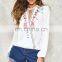 V-shaped cut-out neck contrast patterned placket floral embroidery ladies blouse