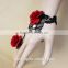 Latest fashion red rose bracelet connected ring,bracelet with ring,bracelet ring