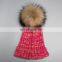 Wholesale women mens knitted plain beanie hat with raccoon fur pom pom