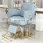 Velvet Fabric Hairdressing Make Up Styling Chair Gold Round Base And Footrest Hair Salon Furniture
