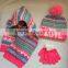 Fashion sweet heart and love jacquard knitted winter hat beanie rib scarf and magic gloves set for kids and girls
