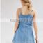 Apparel Denim Sexy Blue Plunge Neck Dress Spaghetti Strap Sashes Wrap Dresses Backless Sleeveless Street A-line Dress