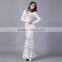 2016 Summer Hot Sexy Women Deep V Neck Full Length Party Dresses Ladies Long Sleeve White Lace See Through Dress