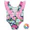 Fancy Sweet Mint Aqua Floral Dancing Leotards with pink ruffle and back bow rompers