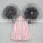 Myfur Baby Pink Wool Ribbed Knit Hat with Removable Silver Fox Fur Pom Poms