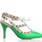 Genuine leather Showy Bright green color middle heel sandal