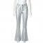 Women Metallic Silver Flare Pant Belted Wide Leg Low Rise Iridescent Flare Jeans