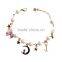 gold cat moon star enamel bowknot heart shape key charms bracelet pearl bead linked bracelet