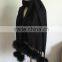 100%Acrylic poncho/scarf with black bigger fox fur pompom