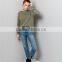Plain Women Distressed Sweatshirt Olive Green Ripped Long Sleeve Sweater Oversized Blank Pullover