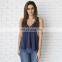 High Quality Loose Fit Navy Blue Satin Blouse with Scallop Lace Trim