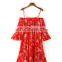 Red Printed Trapeze Off Shoulder Evening Vintage Dress