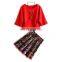 spring autumn new fashion clothes print short skirt with plain pullover two piece set outfit for women