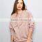 Women Oversized Loose Pockets Sides Crushed Velvet Panel Yoke Hoodie Pink Drop Shoulder Cotton Pullover