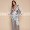 OEM Service Women Grey Satin Sleepwear Appeal Silk Pyjama Long Sleeve Blouse With Long Pants White Piping