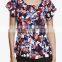 CHEFON Raglan cap flutter sleeve crew neck floral print ladies short sleeve blouses clothes for women