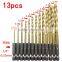 13pcs/set Titanium Coated HSS Twist Drill Bit Set for Metal Power Tools Drill Accessories with 1/4" Hex Shank