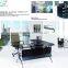 liansheng latest design luxury tempered black glass office desk with R-shape stainless steel base