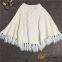 Ladies Crew Neck Tassels White Sweater Cape with Bowknot