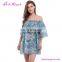 Women Sexy Off Shoulder Printed Blue Short Sleeve Falbala Beach Dress