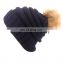 With or without logo Plum Feathers Soft Stretch Cable Knit Ribbed Faux Fur Pom Pom Beanie Hat