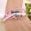 High quality double heart pink and white color braided leather bracelet