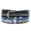 Custom animal leather stamps needlepoint belt with tanned leather hide