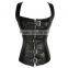 Women Retro Goth Brocade Faux Leather Steampunk Buckle Up Zipper Overbust Corsets Bustiers