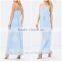 Chic Fashion Designer V-neckline Blue Maxi Dress Woman Clothes