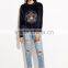 Navy Velvet Embroidered Sweatshirt Long Sleeve100 Cotton Frech Terry Custom Embroidery Sweatshirt Vintage Winter Coats
