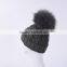 High quality wool knitted beanie hat with big raccoon fur ball pompoms on top for ladies grey color KZ160076