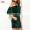 Pictures of Women Velvet Evening Dress Dark Green Off The Shoulder Ruffle Sleeve Velvet Dress With Neck Tie HSD7820