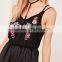 2017 Sexy Black Satin Pyjama Set Embroidered Custom Logo Harness Sweet Floral Teddy With Elasticated Waist