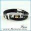 Silver Plated Stainless Steel Charms with Black Leather for Men Magnetic Bracelet