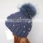 Navy raccoon fur pearls knit hat women fashion pom pom hat